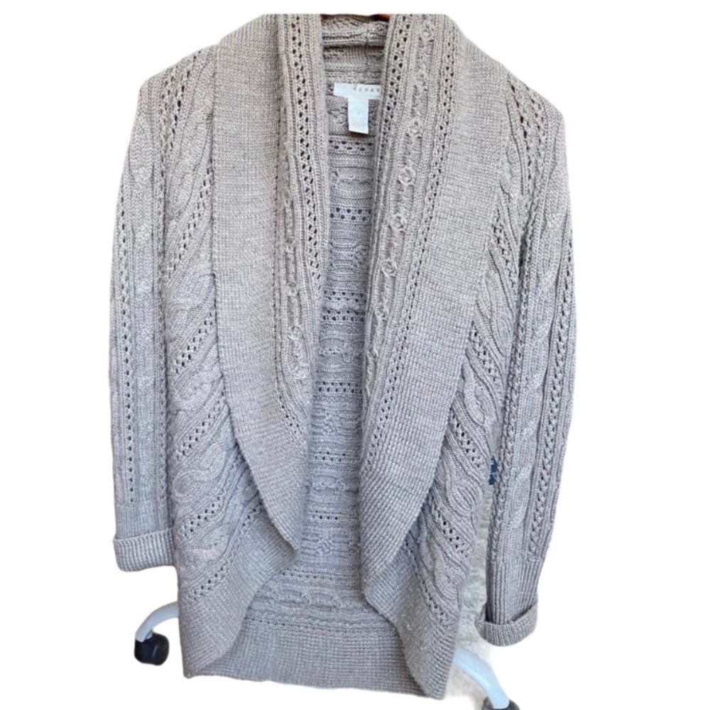 Kenar Taupe Cable Open Front Cardigan Sweater S